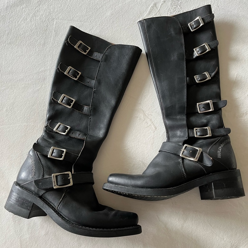 Harley Davidson Tall Black Buckle Boots Size 7 Made in Italy!